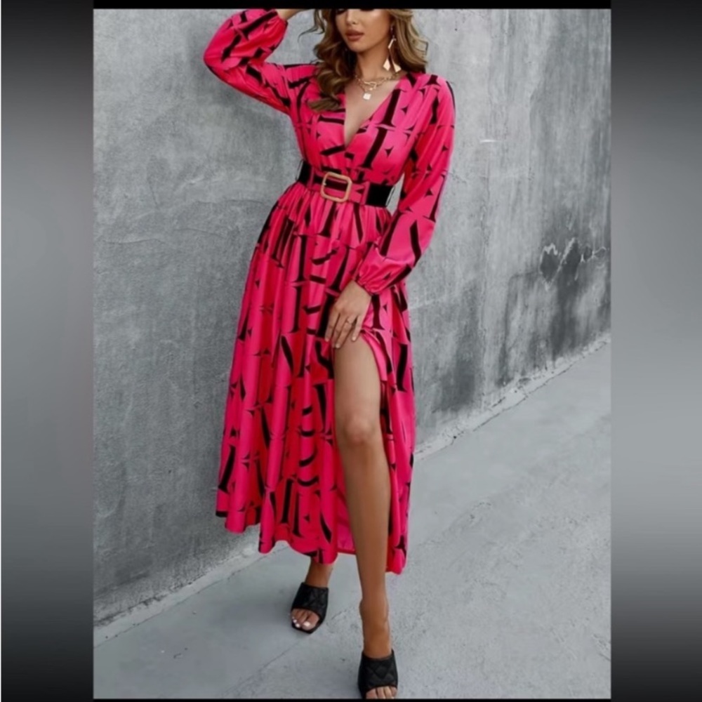PINK Letter Print Belted Dress